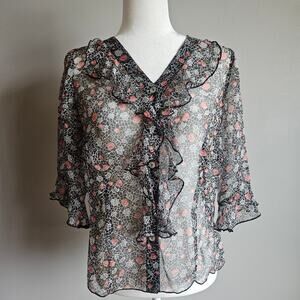 Vtg Tess‎ Top Womens Size 6 Black 100% Silk Sheer Button Down Blouse Whimsygoth